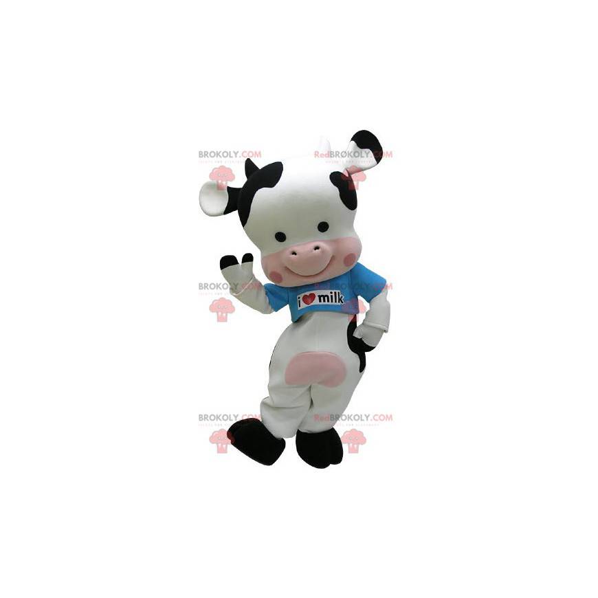 Mascotte de vache noire blanche et rose avec un t-shirt bleu -