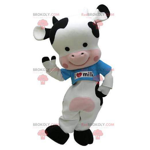Mascote preto branco e vaca rosa com uma camiseta azul -