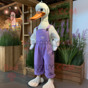 Lavender Goose mascot costume character dressed with a Dungarees and Earrings