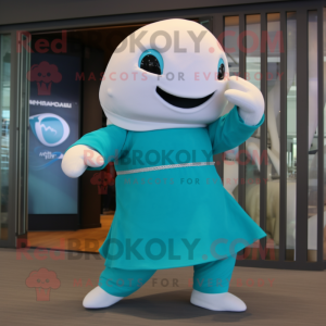 Turquoise Beluga Whale mascot costume character dressed with a Dress Pants and Bracelets