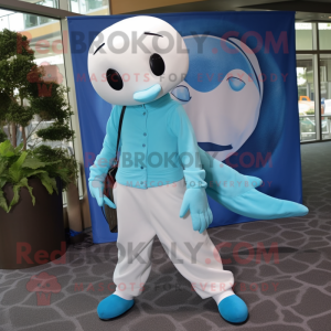 Turquoise Beluga Whale mascot costume character dressed with a Dress Pants and Bracelets