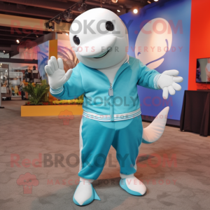 Turquoise Beluga Whale mascot costume character dressed with a Dress Pants and Bracelets