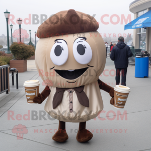 Brown Clam Chowder mascot costume character dressed with a Suit and Backpacks