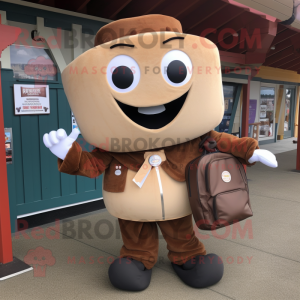 Brown Clam Chowder mascot costume character dressed with a Suit and Backpacks