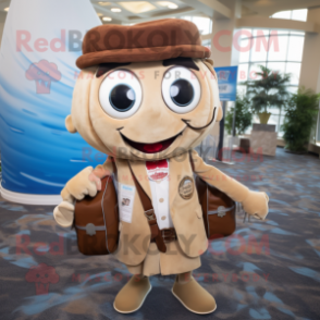 Brown Clam Chowder mascot costume character dressed with a Suit and Backpacks