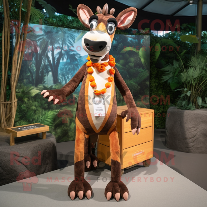 Peach Okapi mascot costume character dressed with a Cargo Shorts and Hairpins Peach Okapi mascot costume character dressed with a Cargo Shorts and Hairpins