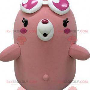 Mascotte orso talpa rosa e bianco grassoccio e divertente -