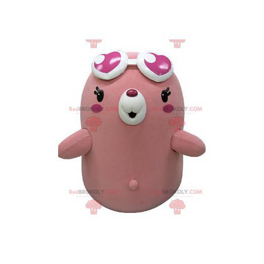 Mascota de oso topo rosa y blanco regordeta y divertida -