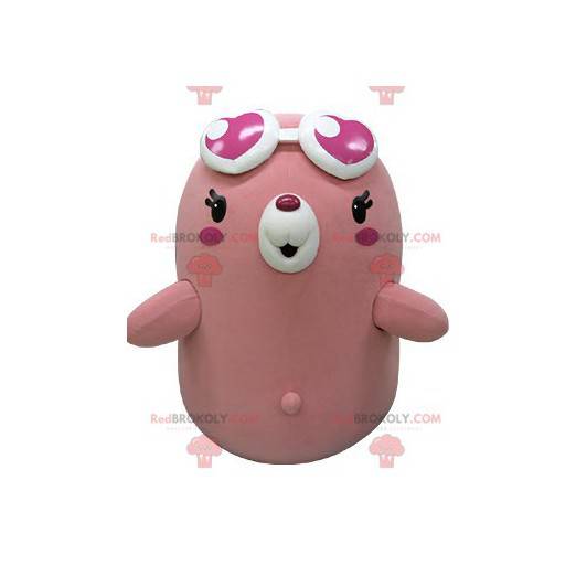 Mascote do urso-toupeira rosa e branco gordo e engraçado -