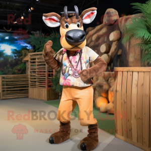Peach Okapi mascot costume character dressed with a Cargo Shorts and Hairpins