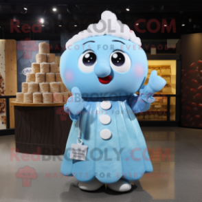 Sky Blue Chocolates mascot costume character dressed with a Skirt and Brooches