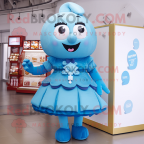Sky Blue Chocolates mascot costume character dressed with a Skirt and Brooches