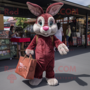 Maroon Rabbit mascot costume character dressed with a Playsuit and Tote bags