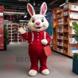 Maroon Rabbit mascot costume character dressed with a Playsuit and Tote bags