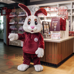 Maroon Rabbit mascot costume character dressed with a Playsuit and Tote bags