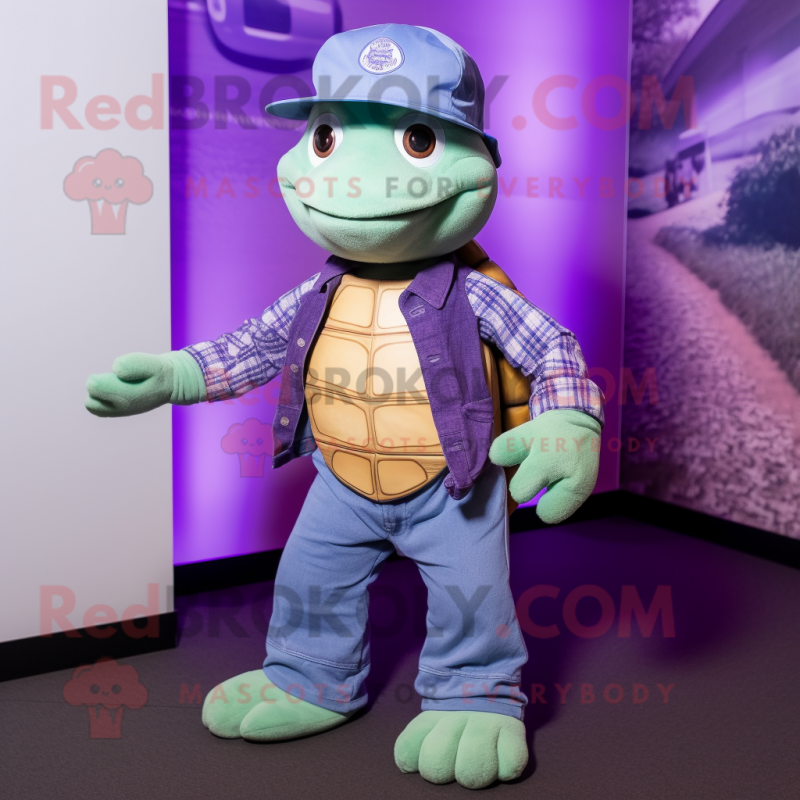 Lavender Turtle mascot costume character dressed with a Bootcut Jeans and Caps