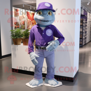 Lavender Turtle mascot costume character dressed with a Bootcut Jeans and Caps