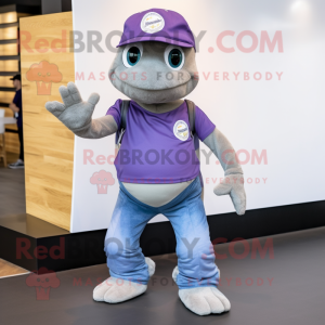 Lavender Turtle mascot costume character dressed with a Bootcut Jeans and Caps