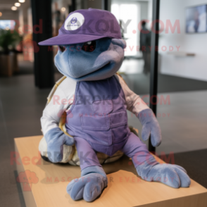 Lavender Turtle mascot costume character dressed with a Bootcut Jeans and Caps