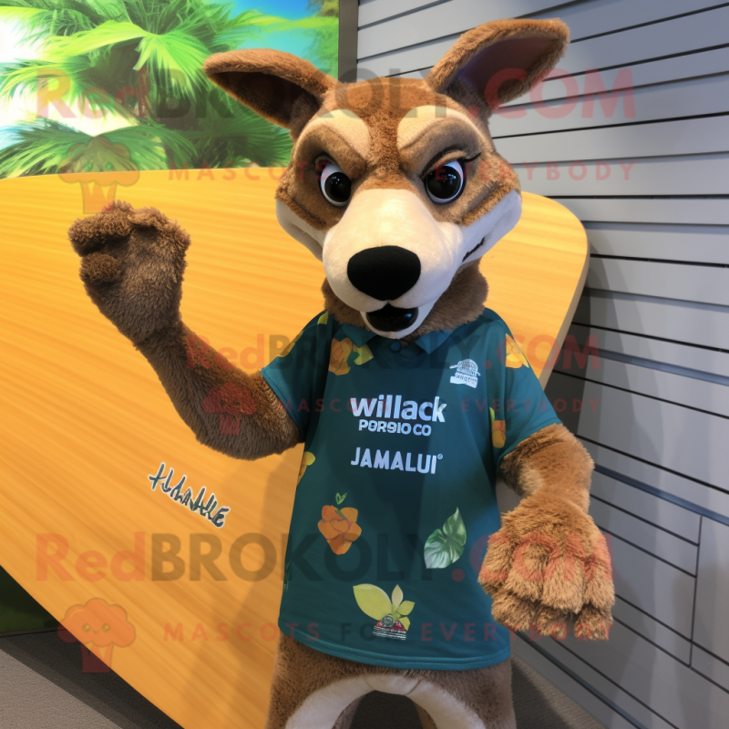 Tan Thylacosmilus mascot costume character dressed with a Board Shorts and Gloves Tan Thylacosmilus mascot costume character dressed with a Board Shorts and Gloves