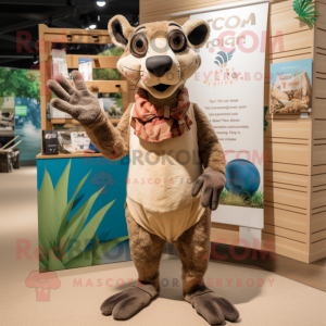 Tan Thylacosmilus mascot costume character dressed with a Board Shorts and Gloves