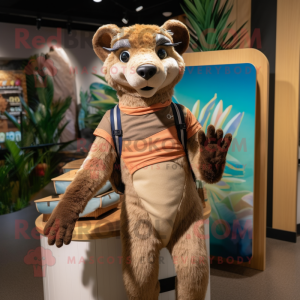 Tan Thylacosmilus mascot costume character dressed with a Board Shorts and Gloves