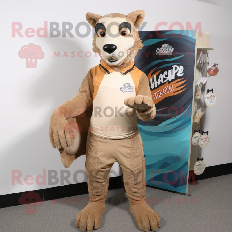 Tan Thylacosmilus mascot costume character dressed with a Board Shorts and Gloves Tan Thylacosmilus mascot costume character dressed with a Board Shorts and Gloves