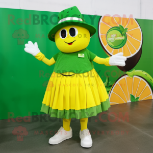 Forest Green Lemon mascot costume character dressed with a Pleated Skirt and Hats