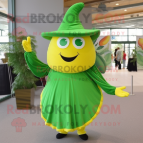 Forest Green Lemon mascot costume character dressed with a Pleated Skirt and Hats
