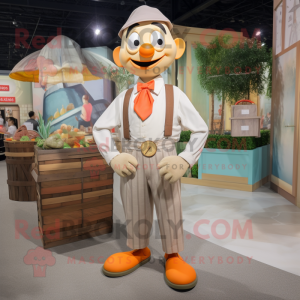Tan Mandarin mascot costume character dressed with a Dress Shirt and Suspenders