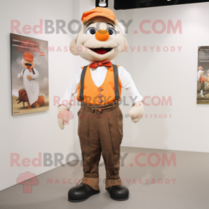 Tan Mandarin mascot costume character dressed with a Dress Shirt and Suspenders