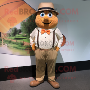 Tan Mandarin mascot costume character dressed with a Dress Shirt and Suspenders