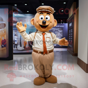 Tan Mandarin mascot costume character dressed with a Dress Shirt and Suspenders