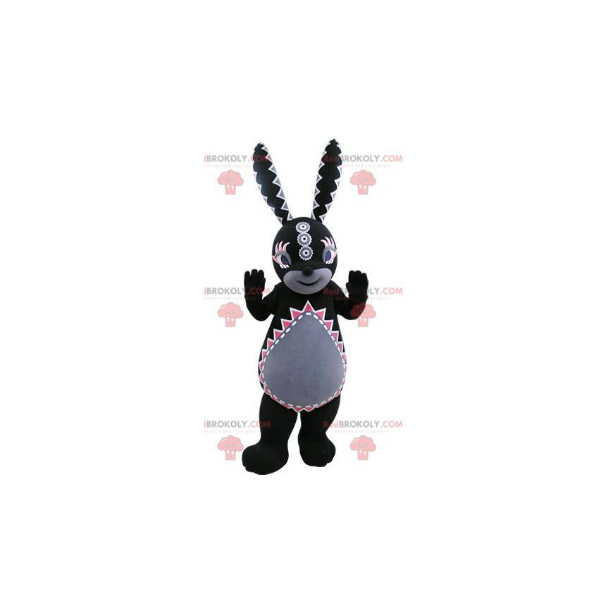 Black and gray rabbit mascot with colorful patterns -