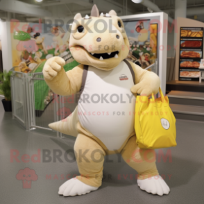 Cream Ankylosaurus mascot costume character dressed with a Joggers and Tote bags
