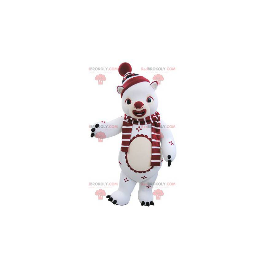 Mascote ursinho de pelúcia branco e vermelho em traje de