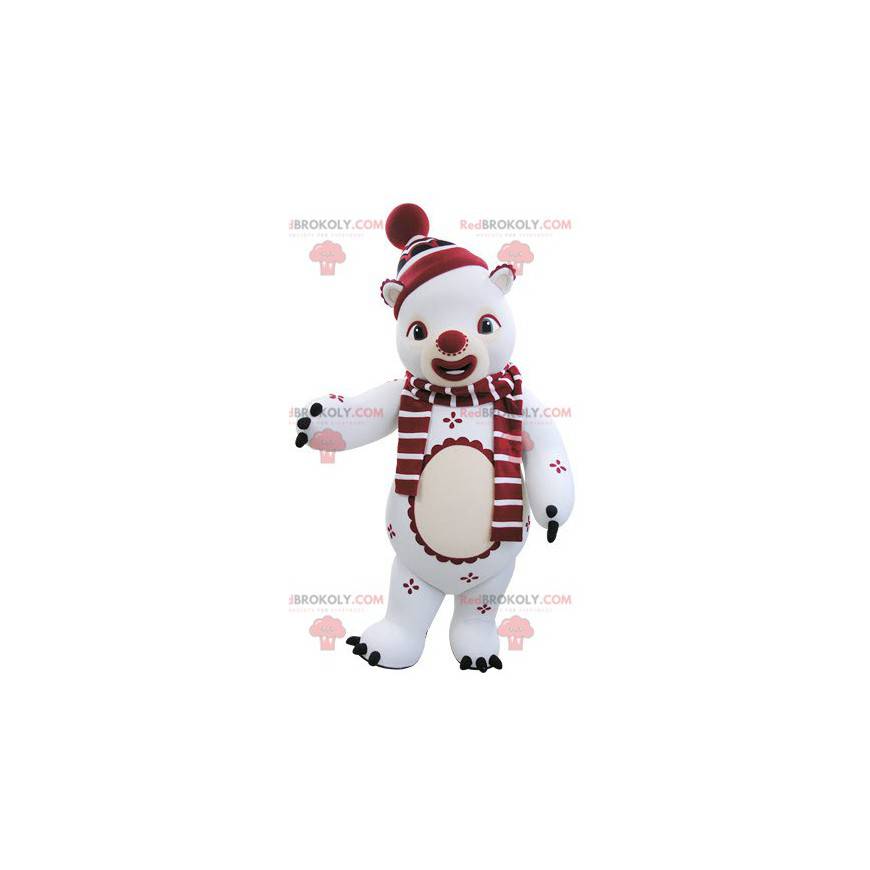 Weißes und rotes Teddybärmaskottchen im Winteroutfit - Weißes und rotes Teddybärmaskottchen im Winteroutfit -
