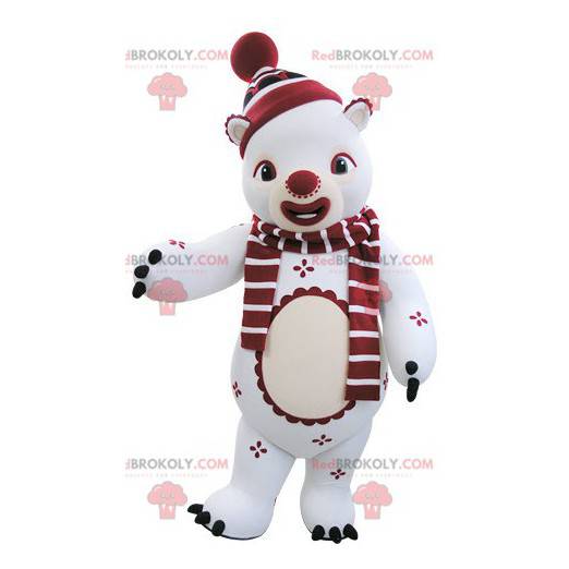 Mascote ursinho de pelúcia branco e vermelho em traje de