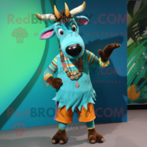 Turquoise Okapi mascot costume character dressed with a Shorts and Cummerbunds