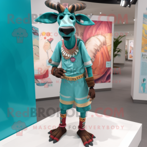 Turquoise Okapi mascot costume character dressed with a Shorts and Cummerbunds