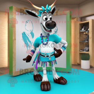 Turquoise Okapi mascot costume character dressed with a Shorts and Cummerbunds