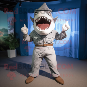 Silver Megalodon mascot costume character dressed with a Culottes and Suspenders