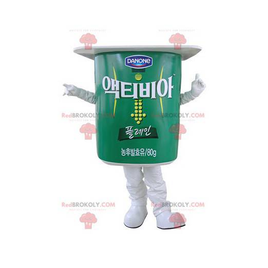 Reusachtige mascotte van groene en witte yoghurtpot -