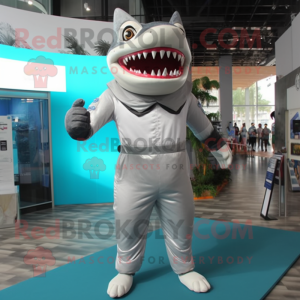 Silver Megalodon mascot costume character dressed with a Culottes and Suspenders