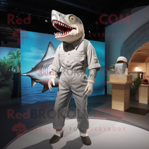 Silver Megalodon mascot costume character dressed with a Culottes and Suspenders