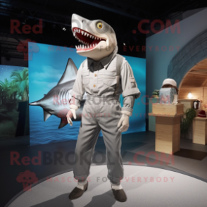 Silver Megalodon mascot costume character dressed with a Culottes and Suspenders