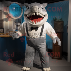 Silver Megalodon mascot costume character dressed with a Culottes and Suspenders