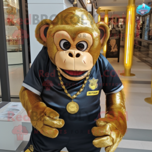 Gold Chimpanzee mascot costume character dressed with a V-Neck Tee and Shoe clips