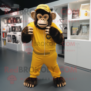 Gold Chimpanzee mascot costume character dressed with a V-Neck Tee and Shoe clips