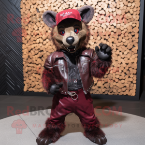 Maroon Hyena mascot costume character dressed with a Leather Jacket and Berets